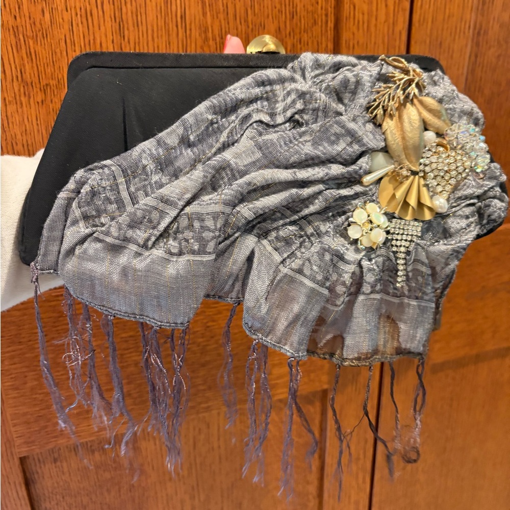 Incredible Bespoke Vintage Jewelry Embellished Clutch Purse Black Gold Art Deco